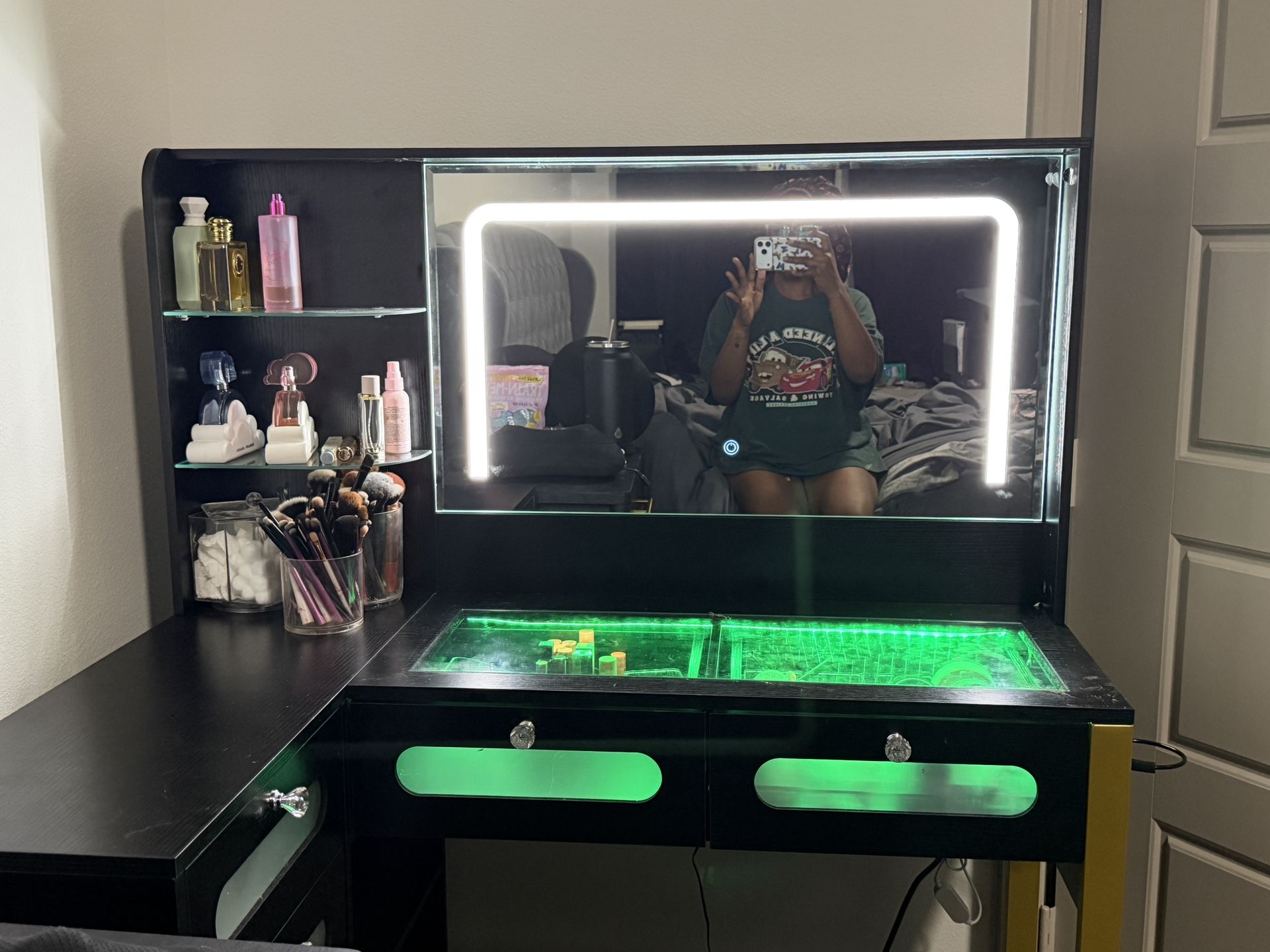 Vanity Desk with Mirror and Lights, 43" Big Modern Vanity Desk, Transparent Top Vanity with 2 RGB Dr