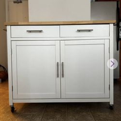 StyleWell Glenville Cream White Rolling Kitchen Cart with Butcher Block Top and Double-Drawer Storage 