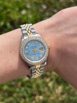 Rolex Datejust 26 26mm yellow gold and stainless steel blue mop diamond dial bezel jubilee ladies watch
