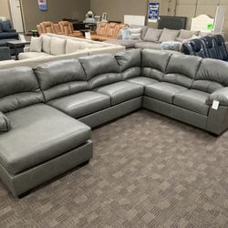 Grey Leather Sectional 