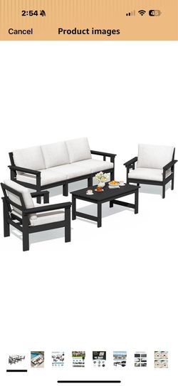 SERWALL HDPE Outdoor Patio Furniture Set Outdoor Couch All Weather Outdoor Sectional with Coffee Table, Black Frame & Beige Cushions