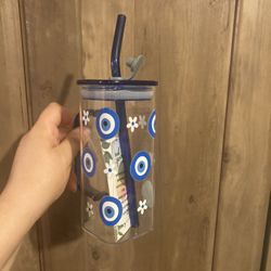 Cute glass cup with glass straw and lid. 🧿🌼