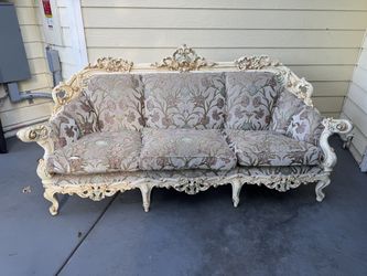 Pair of Vintage Italian Baroque Sofas - Carved Ivory Frames, Cut Velvet