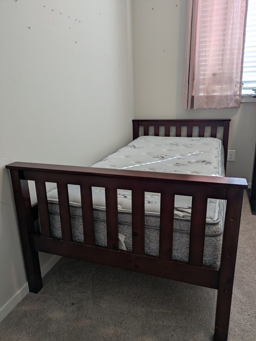 Mahogany Brown Twin Bed Frame + Firm Mattress