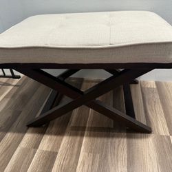 Cortesi Home Ari “X” Bench Ottoman – Beige Linen & Walnut Wood – Set of 2 or Sold Separately