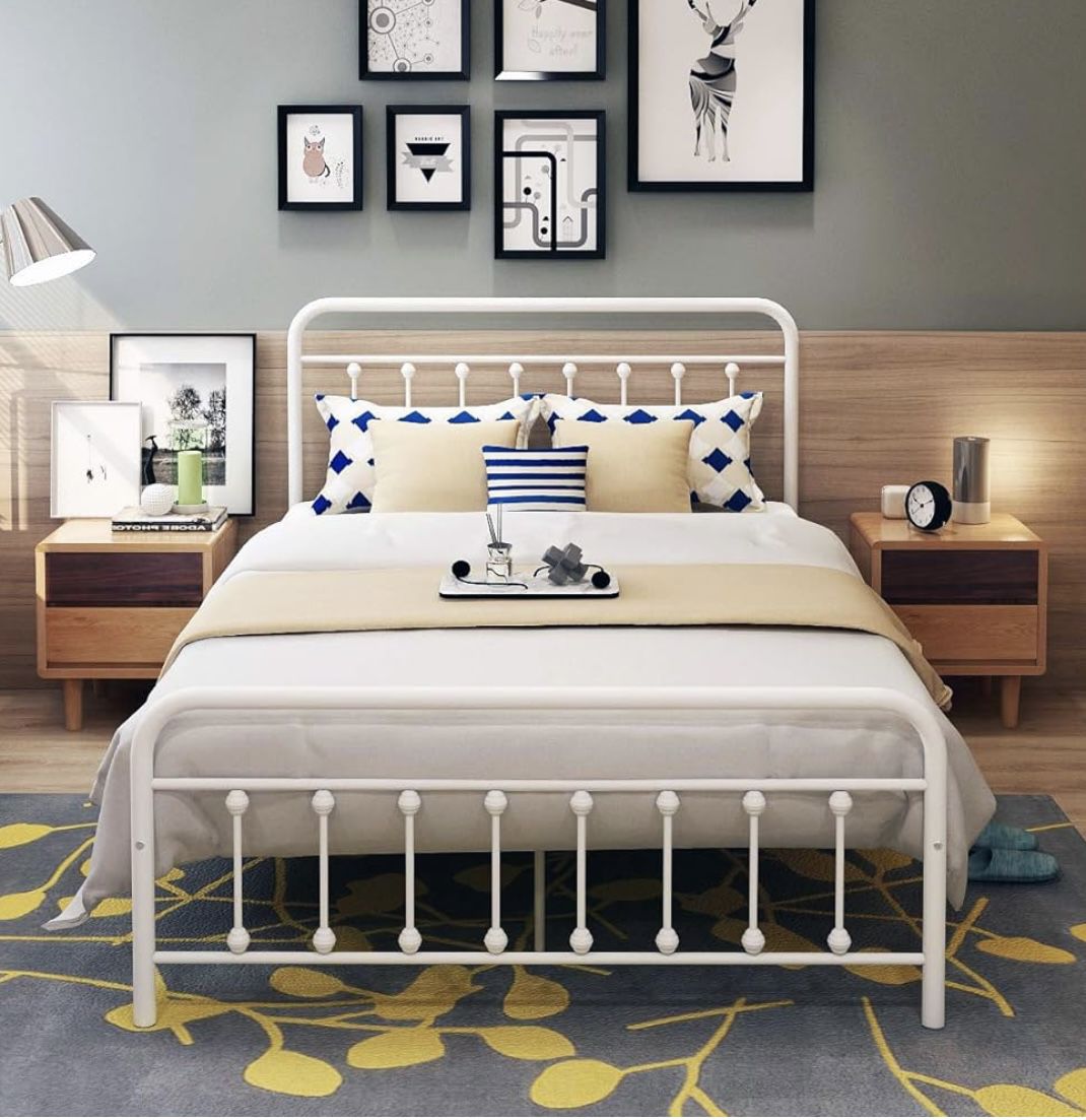 Full Size White Metal Bed Frame With Mattress