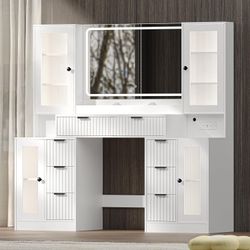 New Fluted Makeup Vanity Desk with Mirror and Lights, 55" Glass Top Vanity with 8 Drawers & 4 RGB Glass Cabinets, Adjustable Shelves & Power Outlet, M