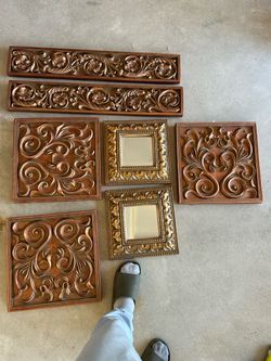 Carved Wood Wall Art Panels and Mirrors Set