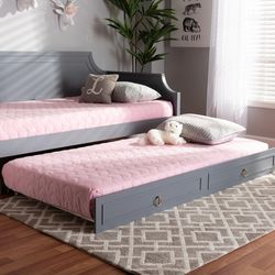 Twin Size Trundle Bed-Grey Wood Frame, Classic Design, Roll Out Guest Bed