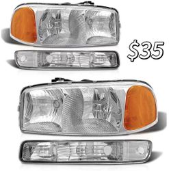 😀 AXLAHA Compatible with 1 GMC Sierra 1 3500 Headlights Assembly /00-06 GMC Yukon 1 XL Headlamp with Chrome Housing Amber Ref