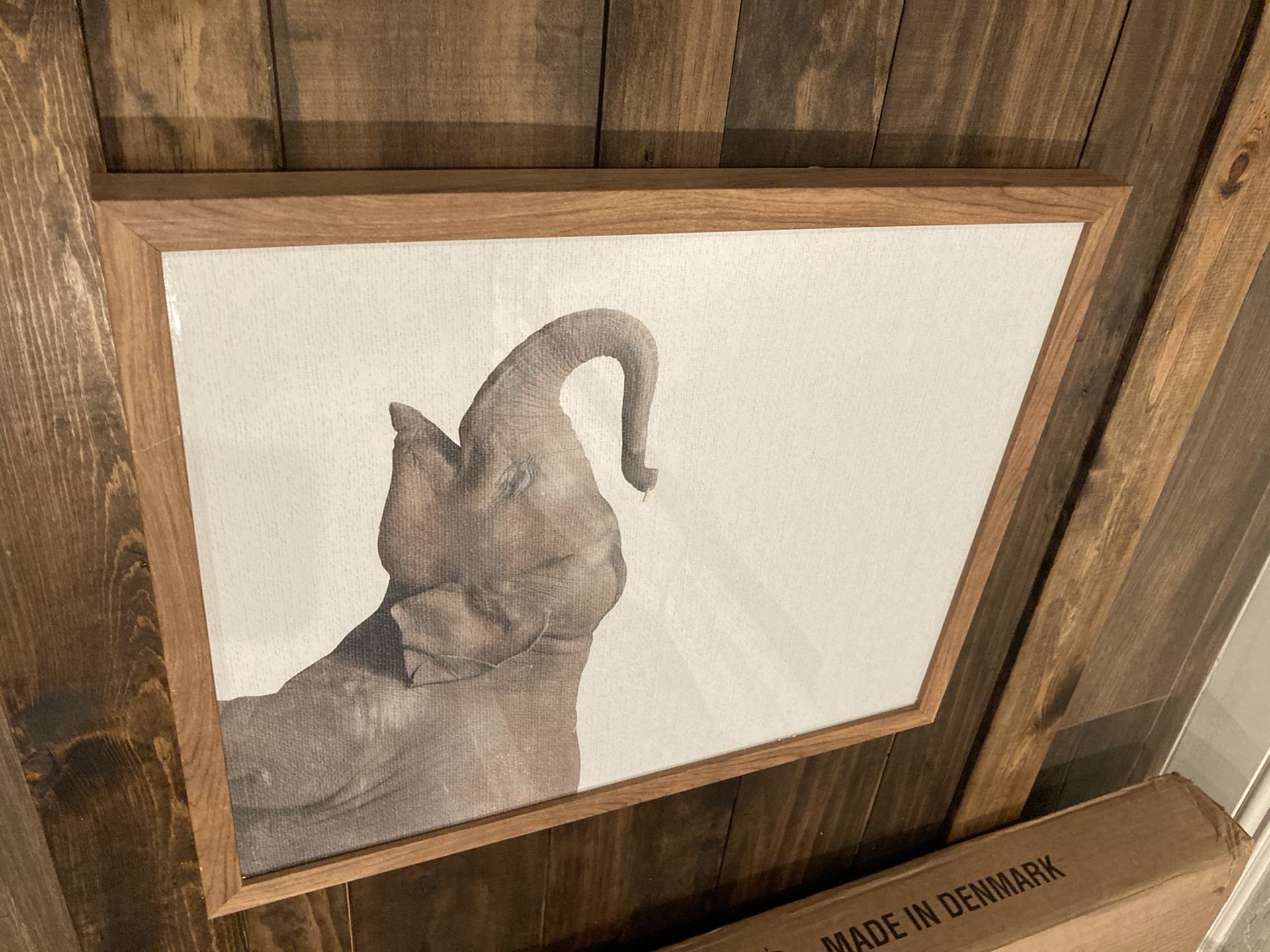 Wood and glass framed elephant art (Peoria)