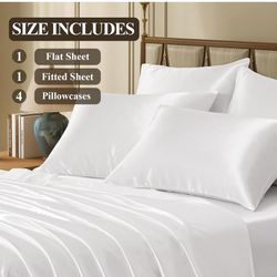 TREELY 6 Piece Queen Size Satin Sheet Set - Silky Smooth Ivory White Sheet Set with Deep Pocket, Fitted Sheet, Flat Sheet, 4 Pillowcases