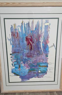 Vintage Ian D. King Framed Abstract Sailboat / Cityscape Print with Gold Foil