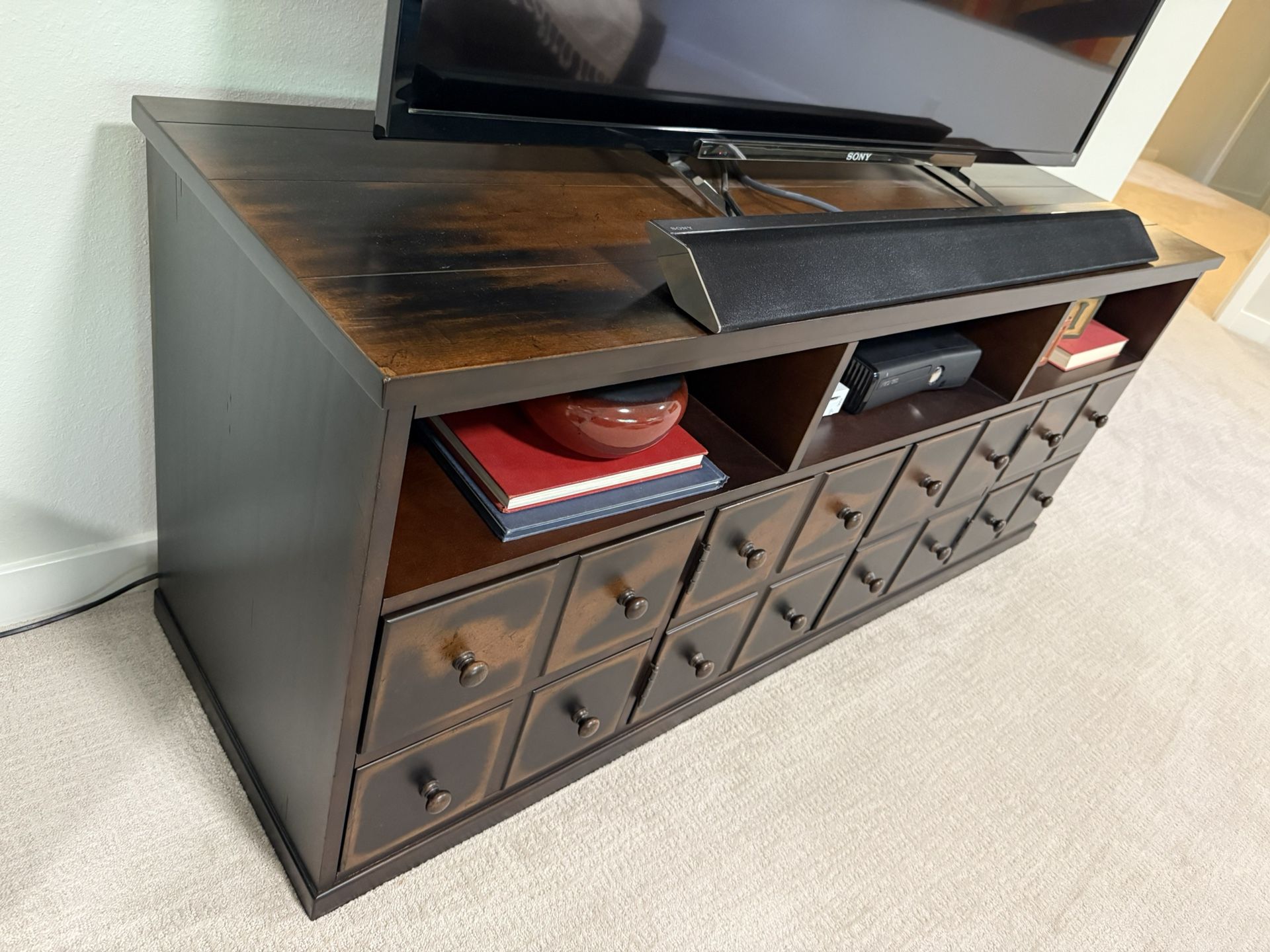 Pottery Barn Andover 65” Media Console In Weathered Walnut Finish