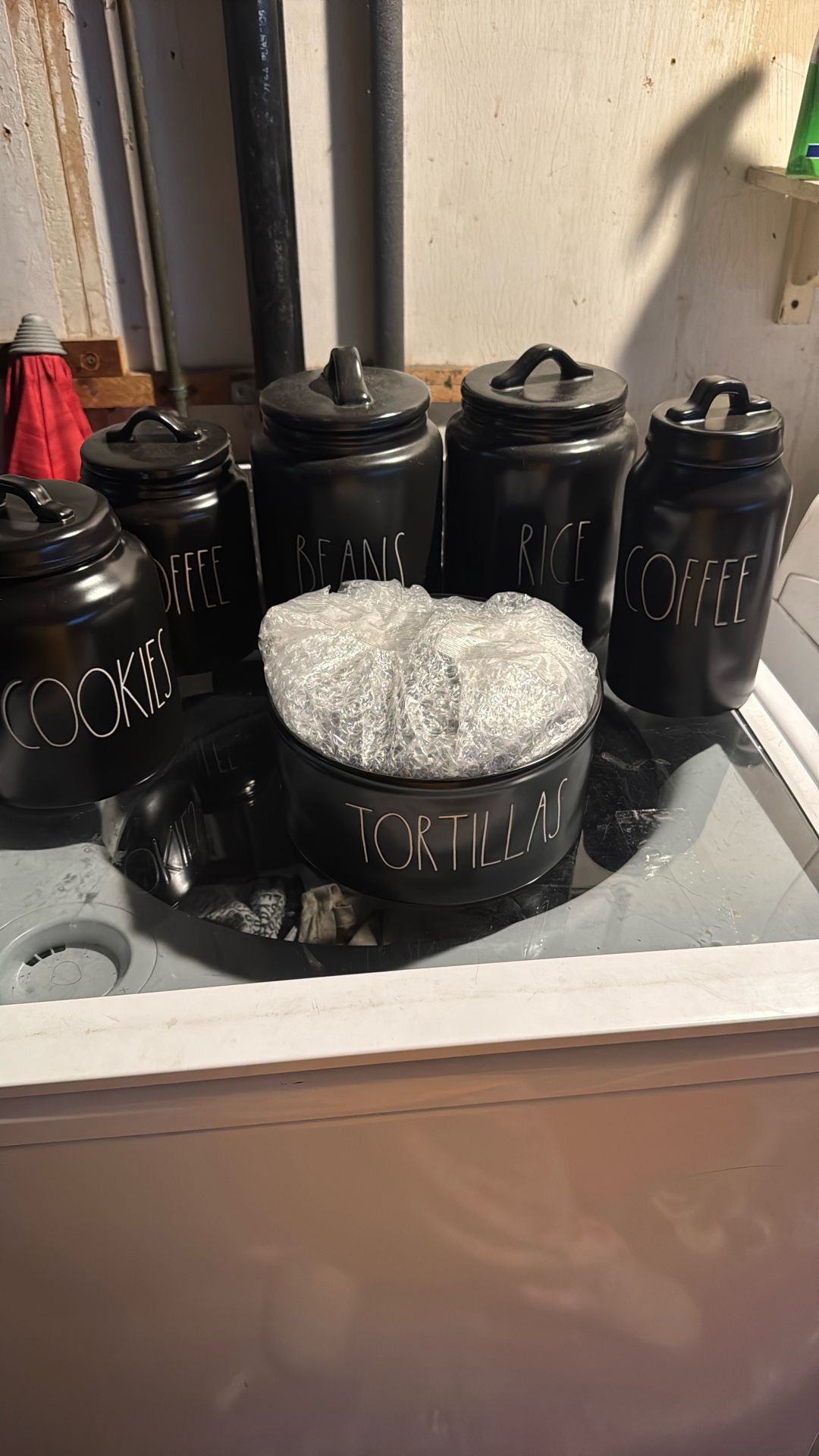 Rae Dunn black canister and accessories bundle look at each picture and tortilla holder all new