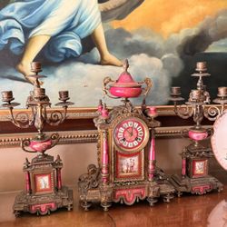 Rare French Antique Pink Sevres-Style Gilt Bronze Porcelain Mantle Clock Candelabra