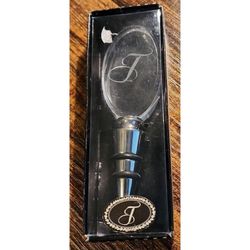 Hallmark Glass & Chrome Wine/Tequila Bottle Topper - Initial Letter "T"