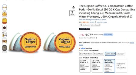 The Organic Coffee Co. Compostable Coffee Pods - Gorilla Decaf (80 Ct) K Cup Compatible including Keurig 2.0, Medium Roast, Swiss Water Processed, USD