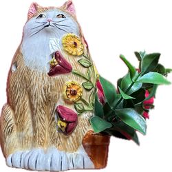 Vintage Ginger Orange Cat Floral Candle Holder with Plant