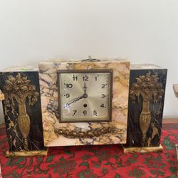 Art Deco Midcentury Marble And Bronze Antique Clock And Matching Candelabras 