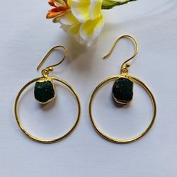 Green Aventurine Raw Gemstone Brass Gold Plated Earring