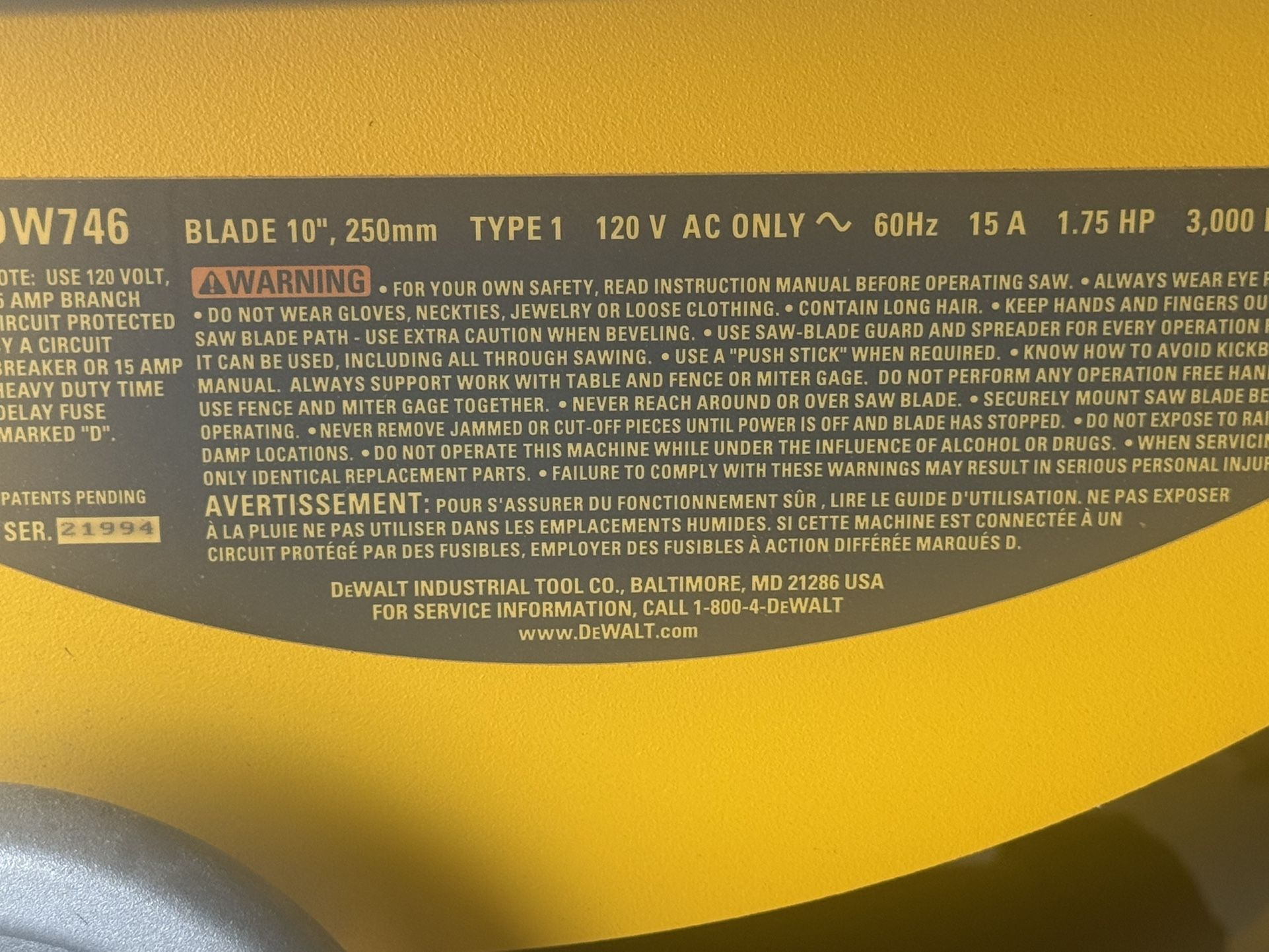 DeWalt 10” Table Saw model 746