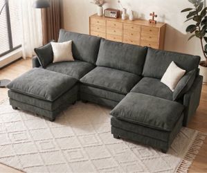 Dark Gray U-Shaped Sectional Sofa with Ottomans