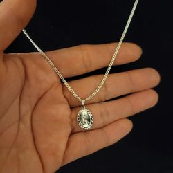 Italy 925 Sterling Silver Dainty Cuban Link Necklace 22" w/ Small St. Jude Charm for Women Plata 925 Cadena con Dije de San Juditas Para Dama 22"