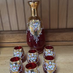 Vintage Moser Bohemia Cranberry Decanter Set