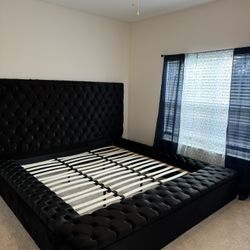 Meridian Furniture Bliss Collection Modern | Contemporary Velvet Upholstered Bed with Deep Button Tufting and Storage Compartments in Rails 