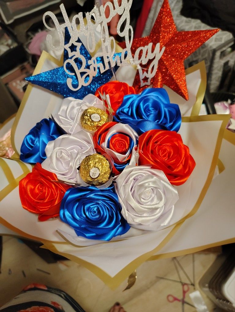 July 4th Birthday Bouquet Of Ribbon Roses
