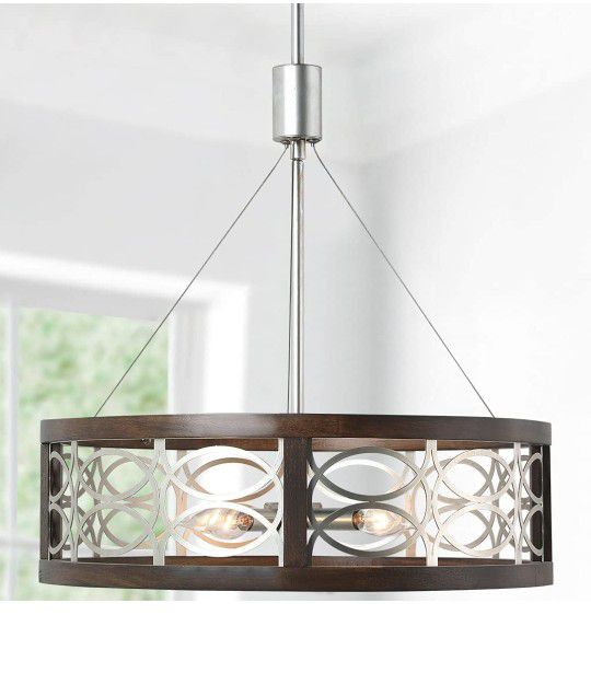 Brand New in box Wood Drum Chandelier for Dining Room, 4-Light Silver Chrome Brown Farmhouse Rustic