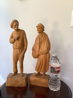 Vintage Pair J. Caron Quebec Folk Art Wood Carvings - Elderly Couple Sculp