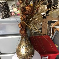 Pier One Gold And Silver Vase With Flowers.  25 Inches With Flowers