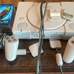 Sony PS1 Console Bundle - 2 Controllers, 2 Memory Cards, 5 Games