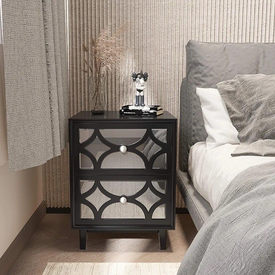 Modern Contemporary Nightstand, 1pcs Front Mirror Nightstand, for Small Spaces, Bedroom, Black, NEW