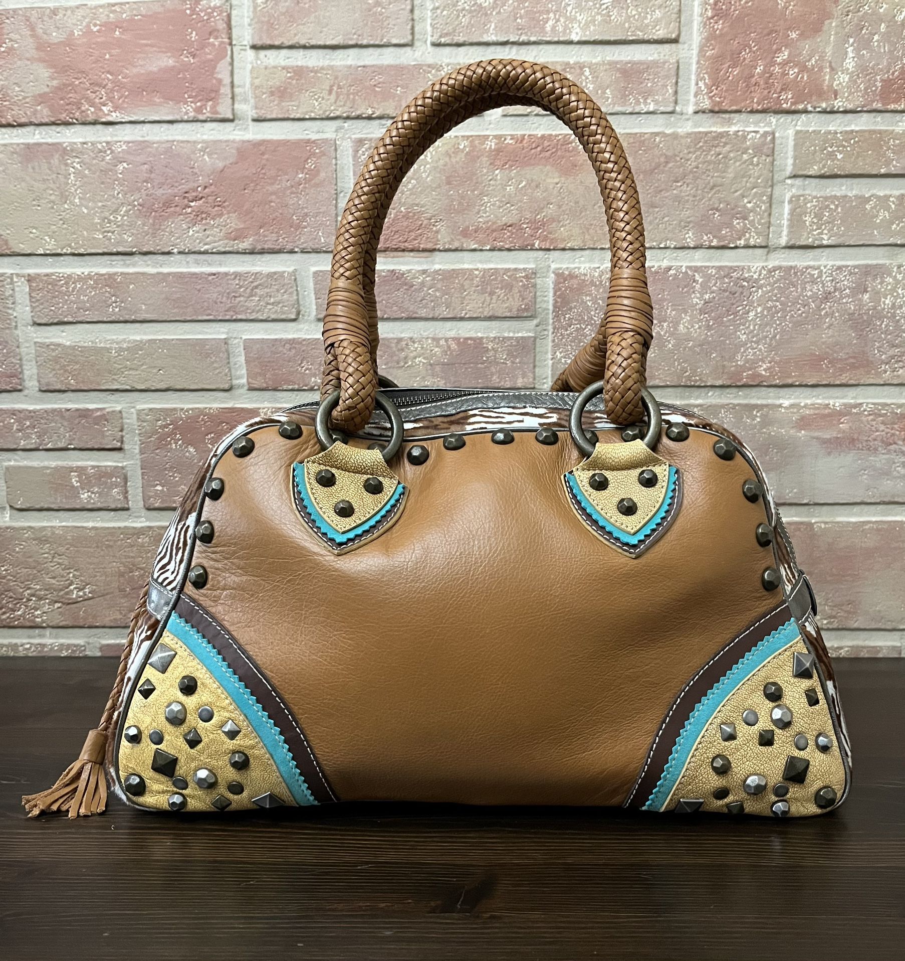 Bridget Shuster Handbag Tan Multicolor Animal Print With Studs & Tassel Leather. Great condition