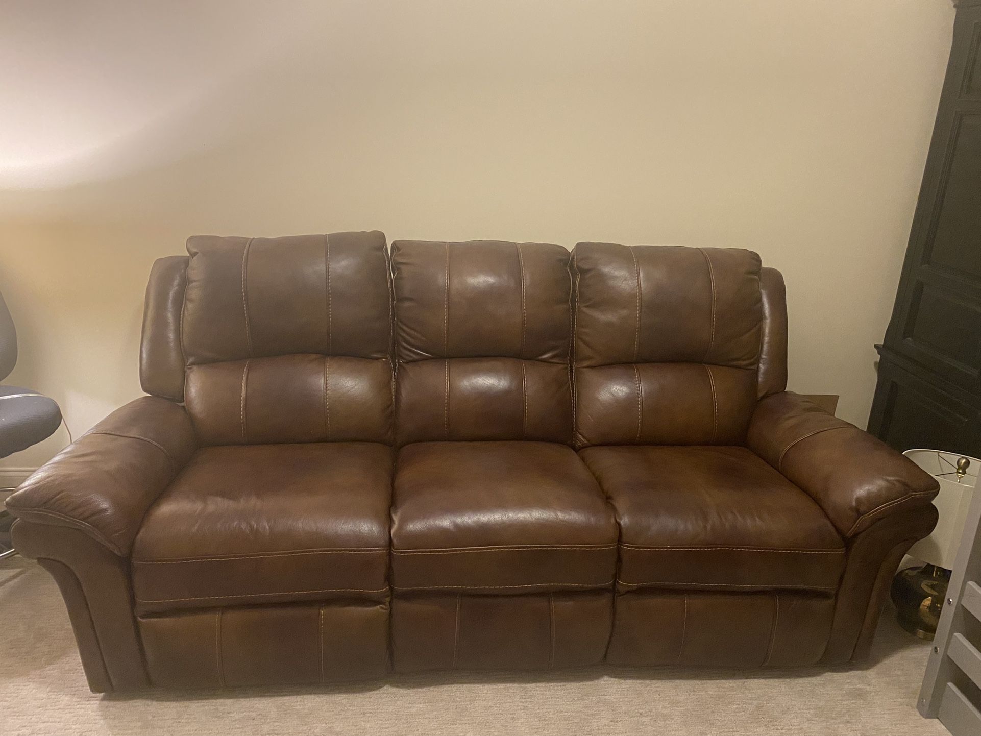 Haverty’s Leather Sofa Brown With Two Recliner Seats