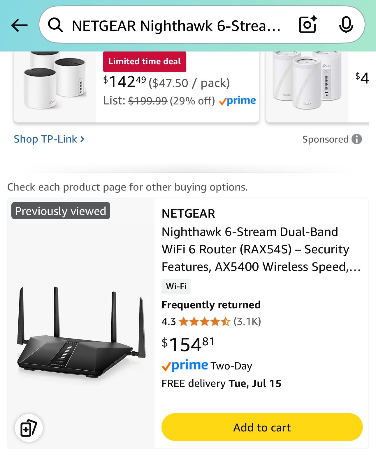 NETGEAR Nighthawk 6-Stream Dual-Band WiFi 6 Router (RAX54S) – Security Features, AX5400 Wireless Speed, Up To 5.4 Gbps, Covers Up To 2,500 Sq. Ft., 25