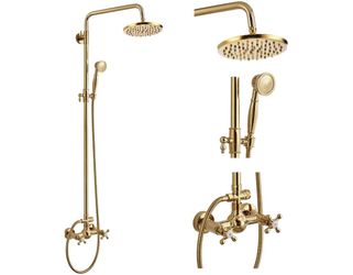 gotonovo Exposed Shower System 8’’ Head with Handheld Polished Gold Brass Exposed Bathroom Shower Faucet Set Fixture,6’’ Hole Distance,2 Cross Handle,