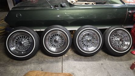Lowrider 14 Inch Oldschool Wire Spoke Rims New Whitewall Tires 5 Lug Uni Lug Chevy Ford Dodge $trade Daytons Zenith Tru Spoke Tru Classics Starwire 