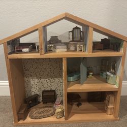 Large Vintage Dollhouse with 7 Characters and Furniture