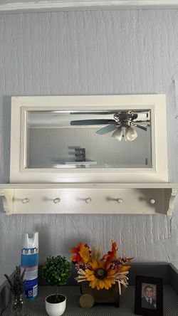 White Wood Mirror with Coat Hook Shelf