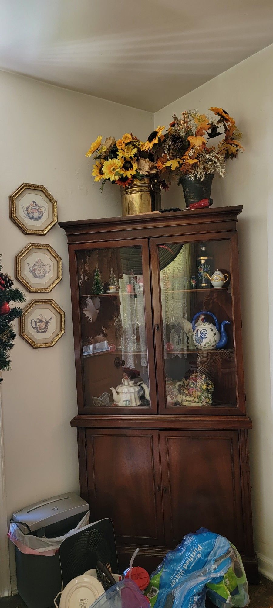 Antique Corner China Cabinet, Buffet, and Table