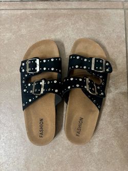 Black Studded Double Buckle Slide Sandals