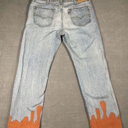 Custom Levis 541 38x32 Light Wash Blue Jeans Orange Drip Flames