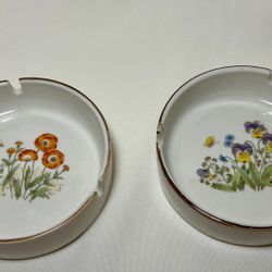 Vintage Japanese Stoneware Botanical Ashtrays - Set of 2