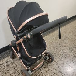 3-in-1 Luxury Stroller w/ Car Seat & Bassinet – Black & Rose Gold