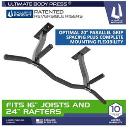 Ceiling Mount Pull Up Bar with Reversible Risers for 16 and 24 Inch Joists with Optimum Grip Spacing by Ultimate Body Press