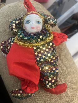 Vintage Gambina Clown Jester Doll Porcelain Head Hands Sequins Suit 7” 1999 - Rare  Clown Mardi Gras 
